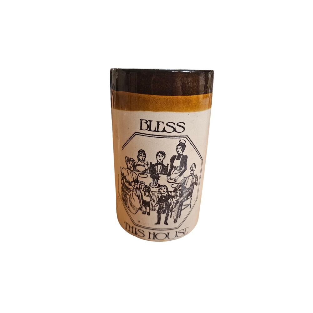 Vintage Bless This House Enesco Utensil Holder Earthenware Crock Old World‎